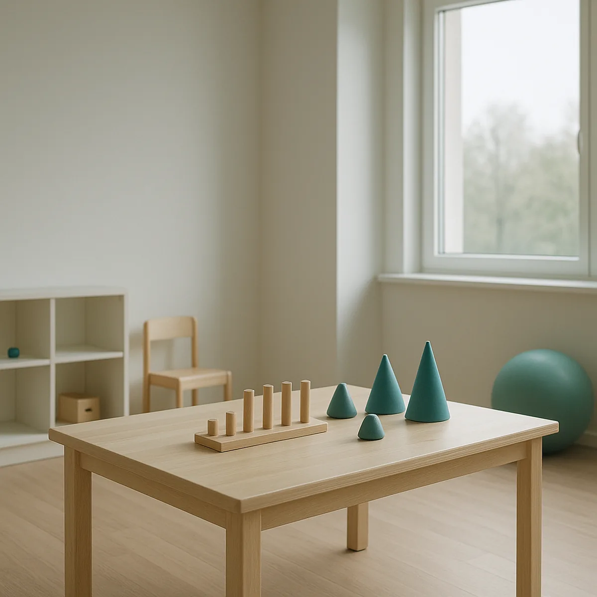 Leerer Therapieraum mit Holztisch und einfachem Übungsmaterial